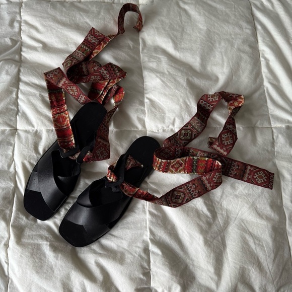 Zara BOHO Aztec ribbon wrap leather sandals - Picture 6 of 9